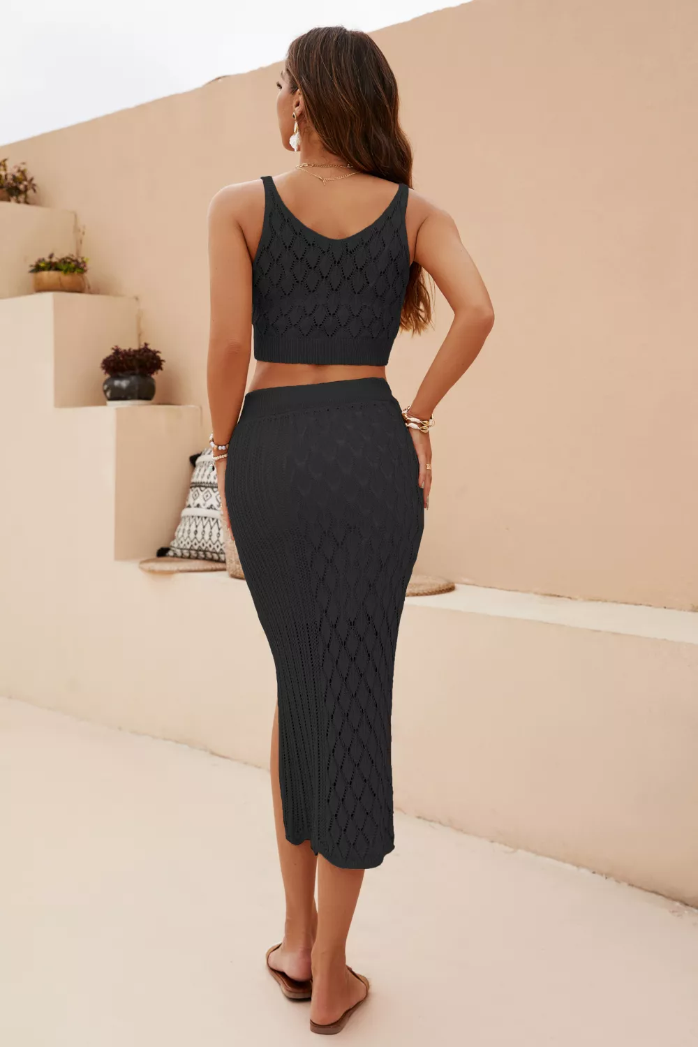 Openwork Cropped Tank and Split Skirt Set, image 12