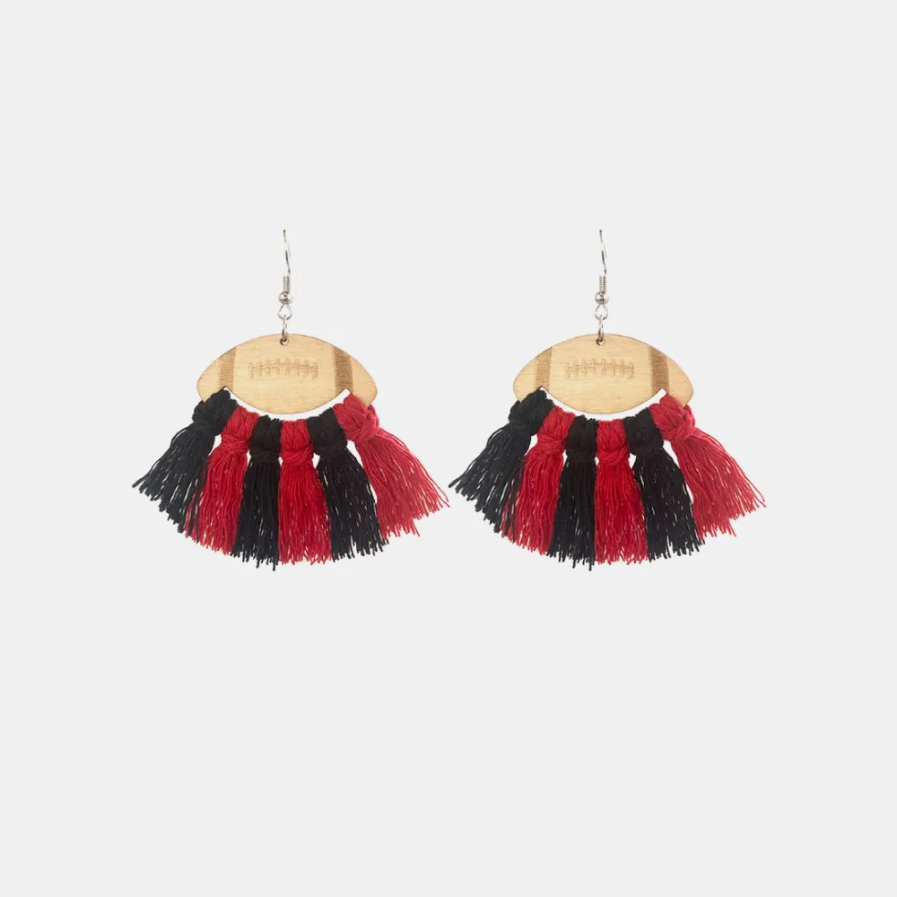 Fringe Detail Football Shape Wooden Dangle Earrings, image 2