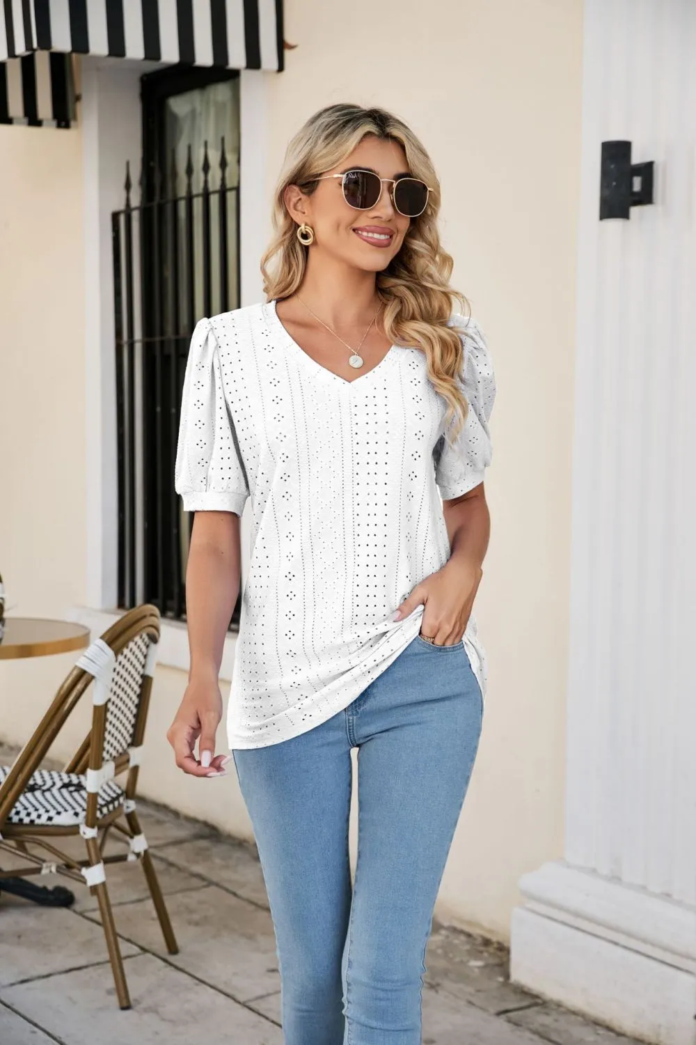 Eyelet Puff Sleeve V-Neck Top, image 24