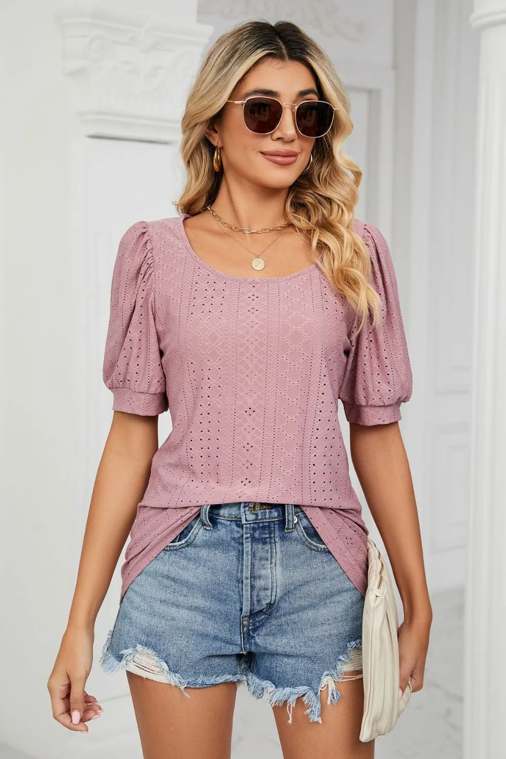 Eyelet Puff Sleeve Round Neck Top, image 5
