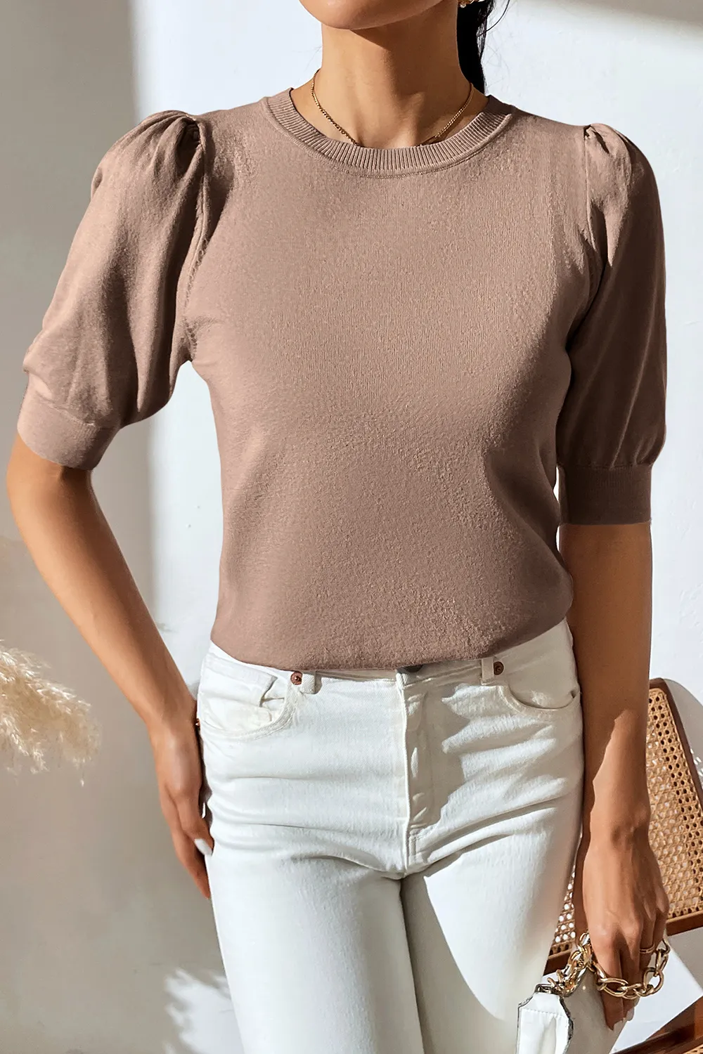 Round Neck Puff Sleeve Knit Top, image 12