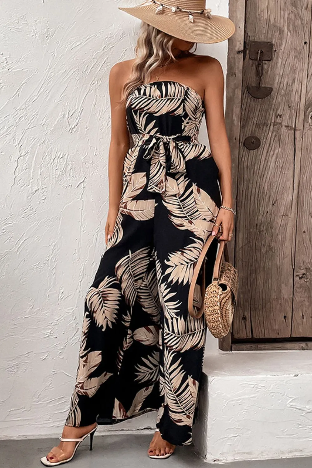 Printed Strapless Wide Leg Jumpsuit with Pockets, image 5