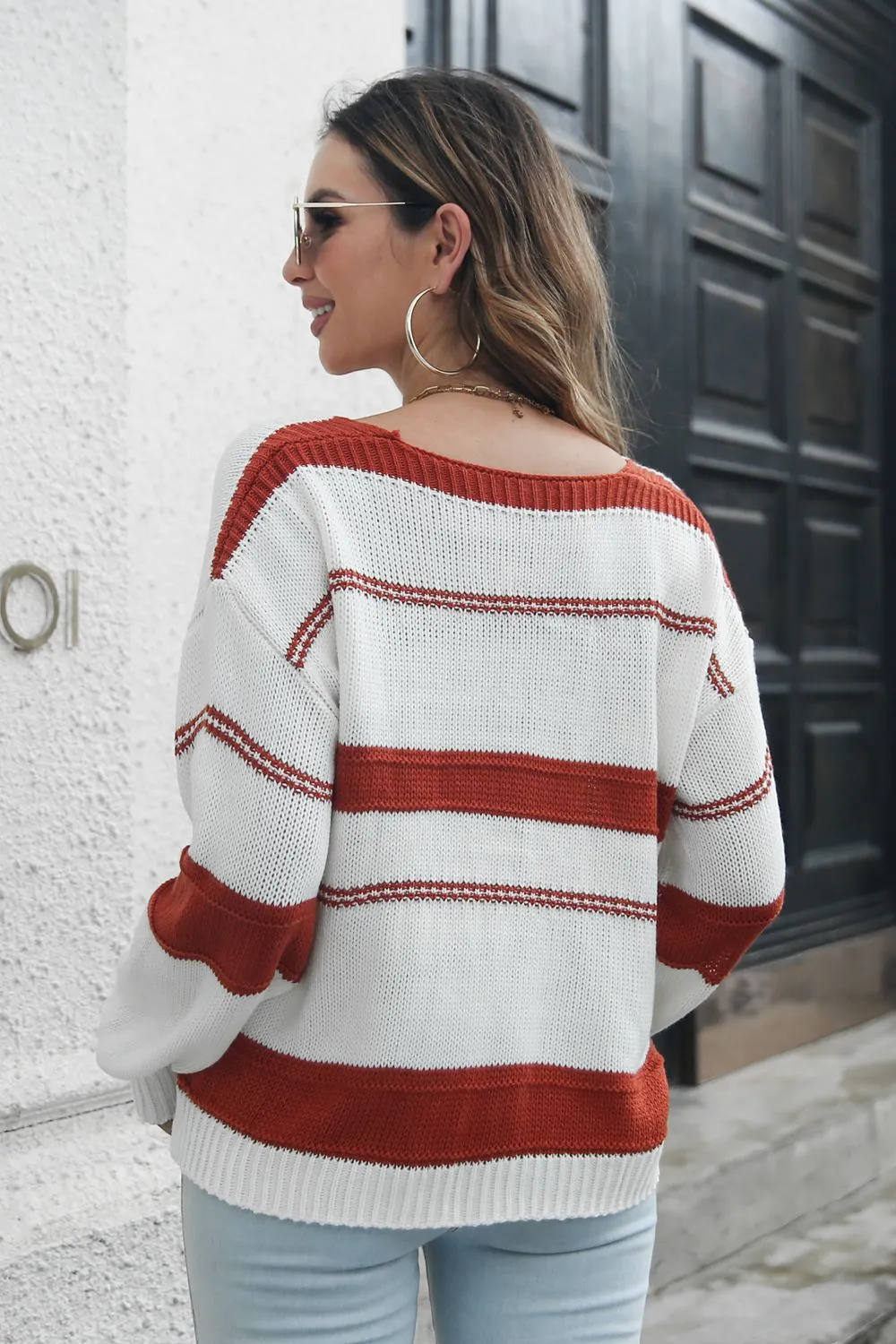 Striped V-Neck Drop Shoulder Sweater, image 6