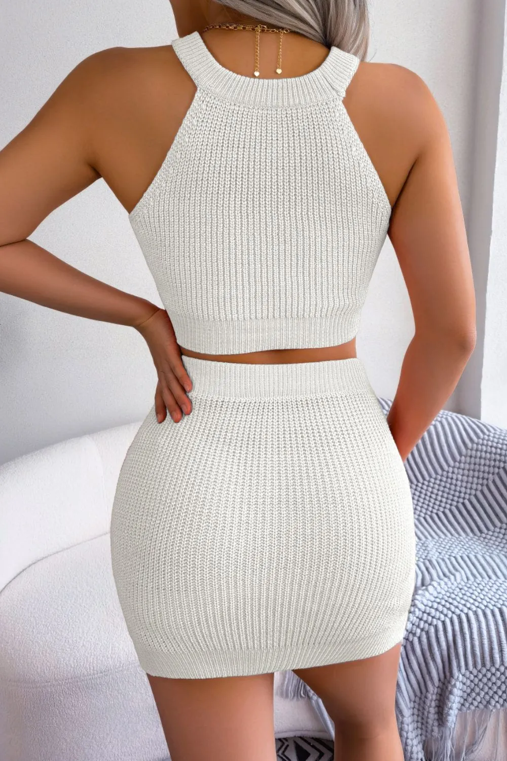 Heart Contrast Ribbed Sleeveless Knit Top and Skirt Set, image 6