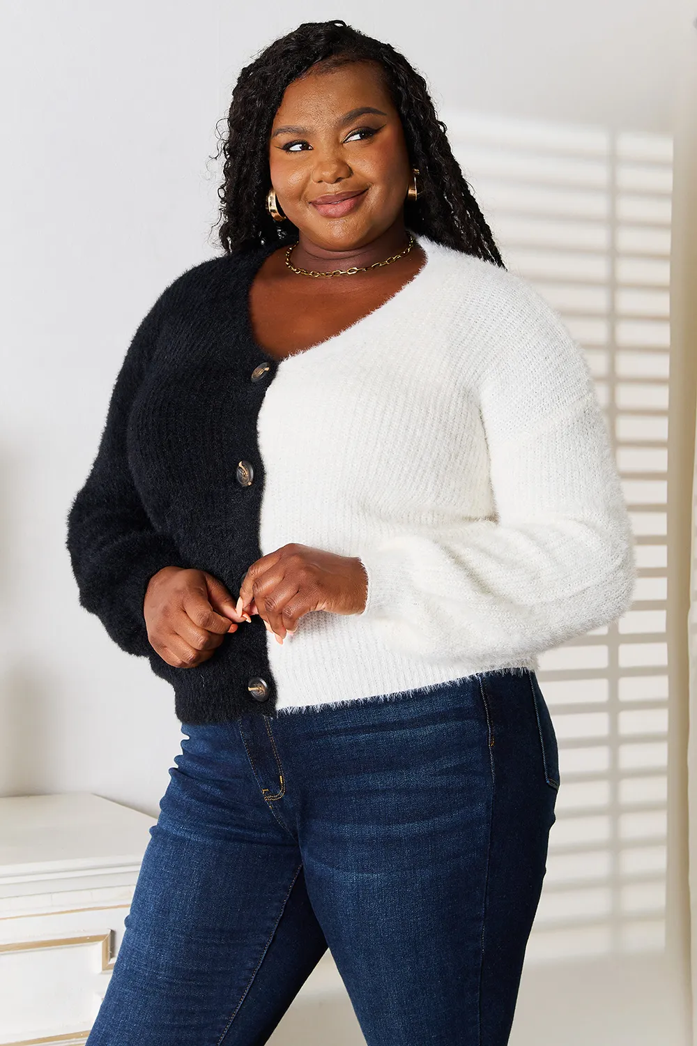 Contrast Button-Front V-Neck Cardigan, image 10