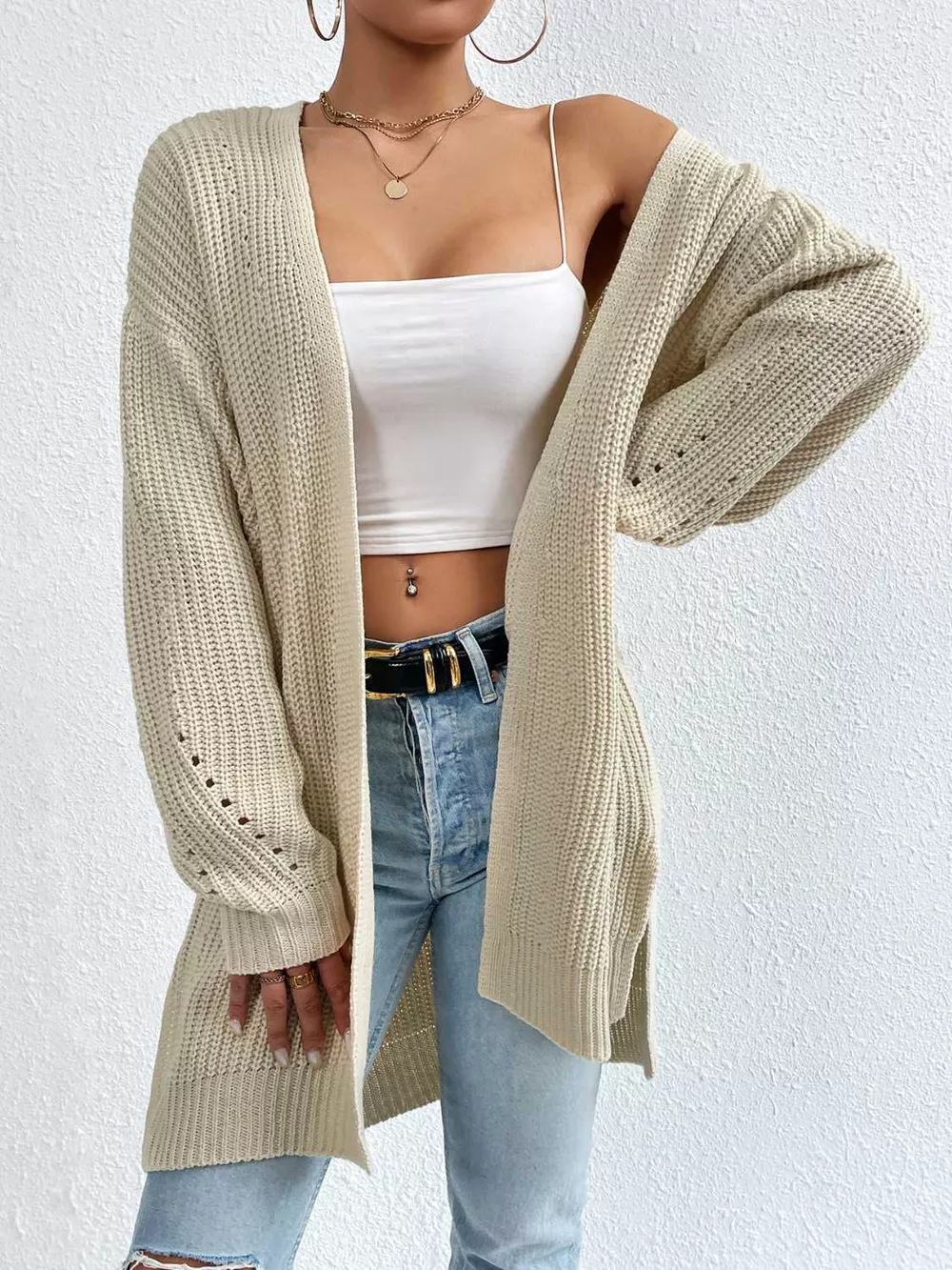 Open Front Dropped Shoulder Slit Cardigan, image 20