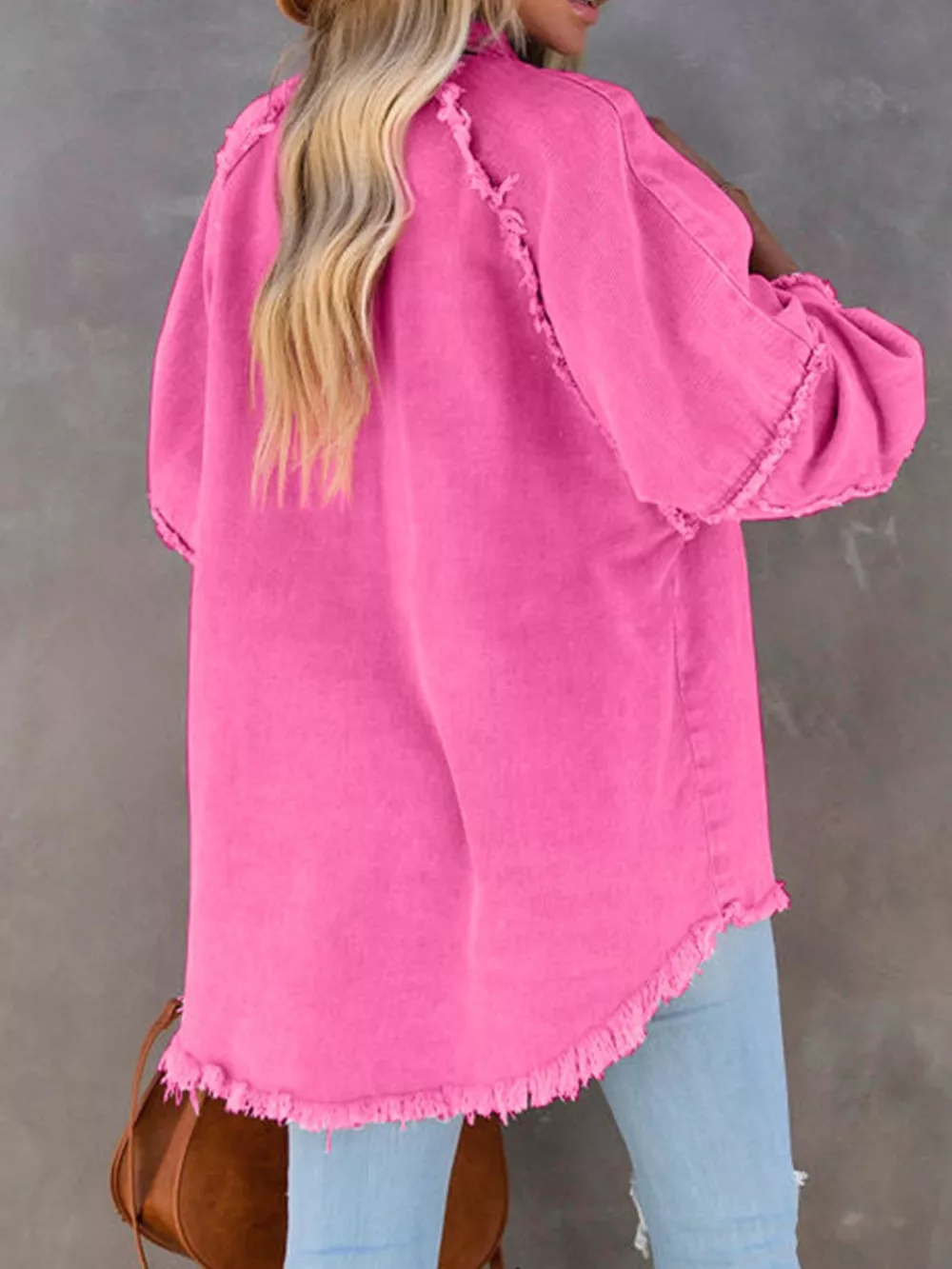 Button Down Raw Hem Denim Jacket, image 6