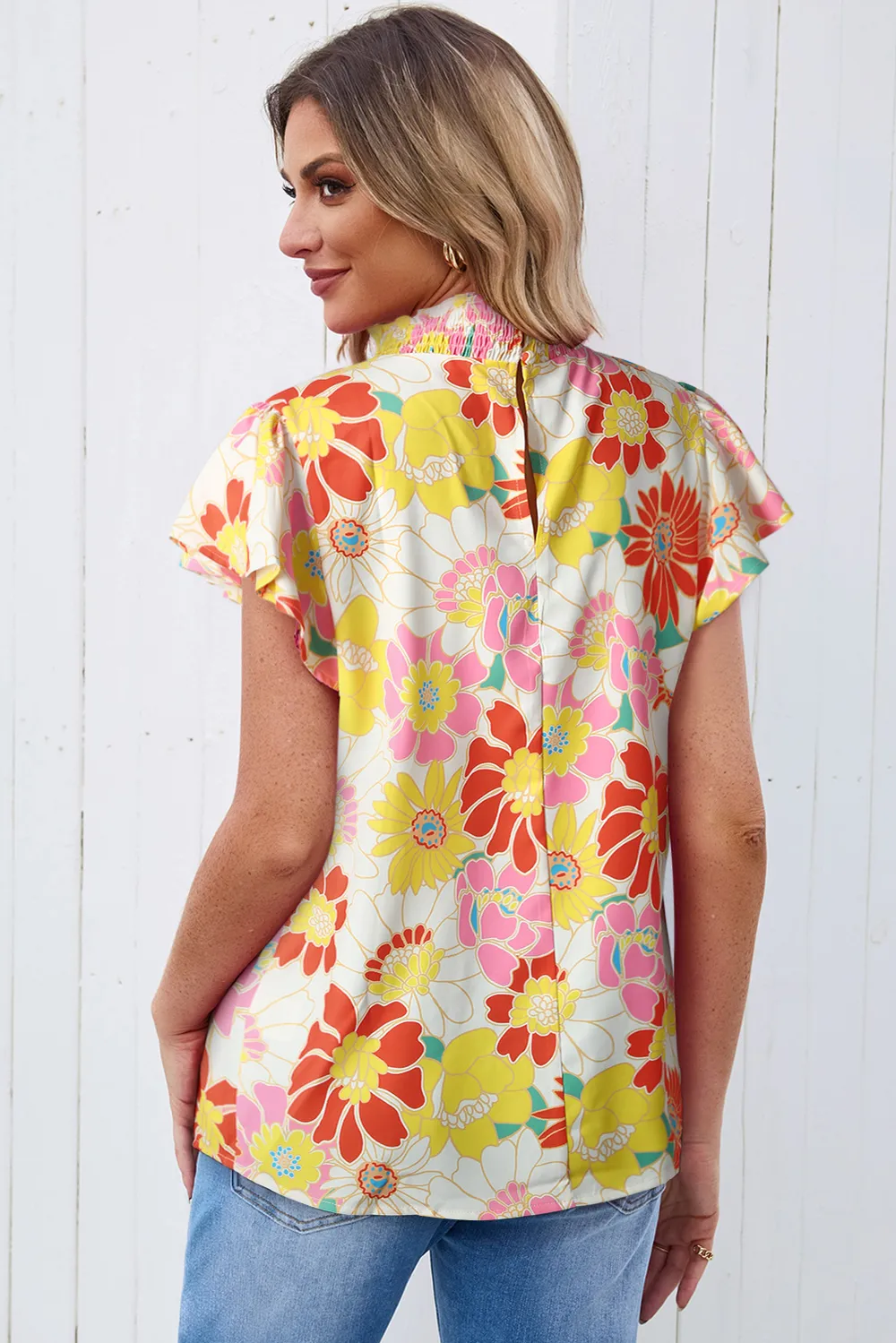 Floral Frill Neck Smocked Flutter Sleeve Blouse, image 3