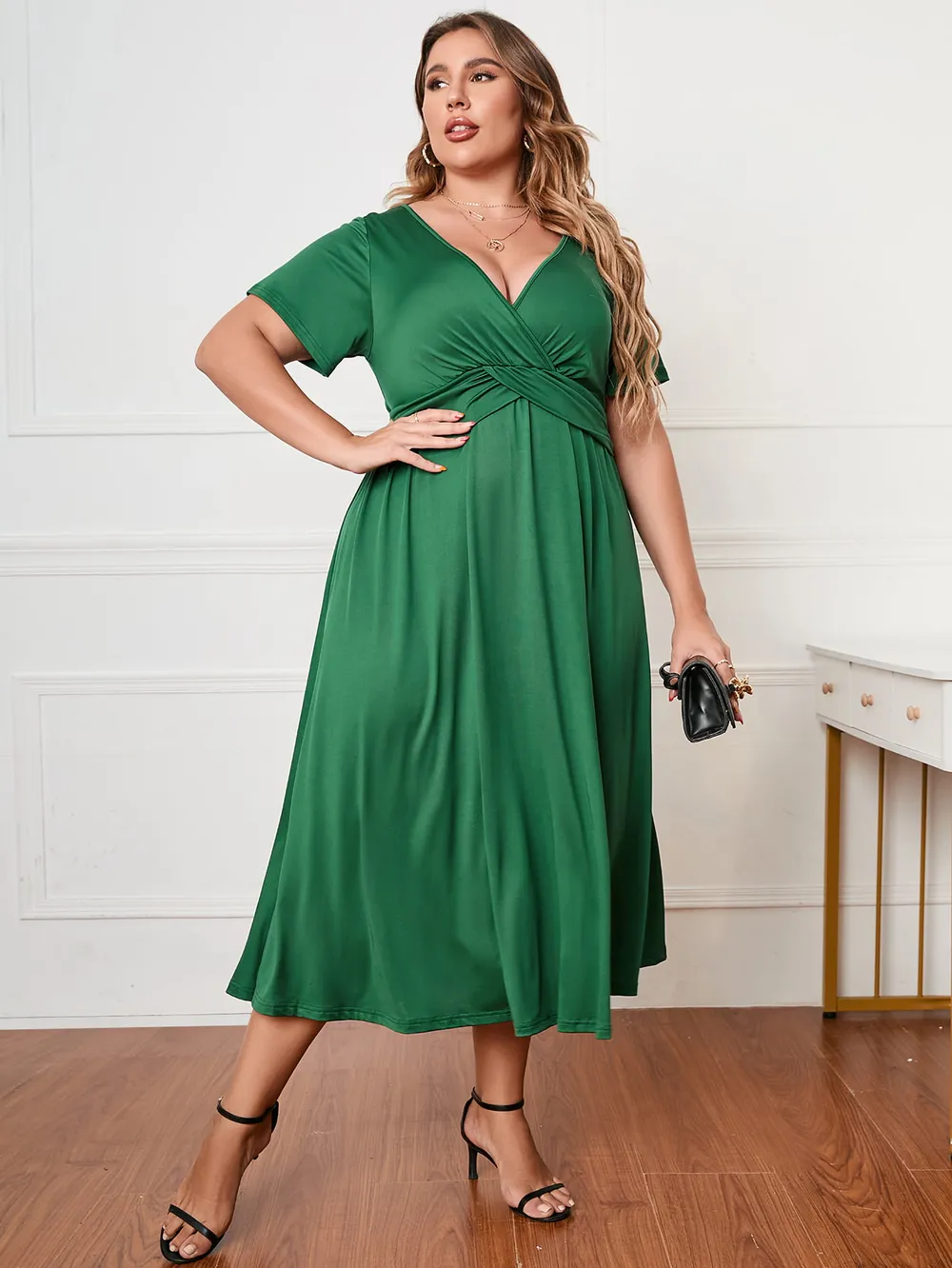 Plus Size Short Sleeve Surplice Neck Midi Dress, image 6
