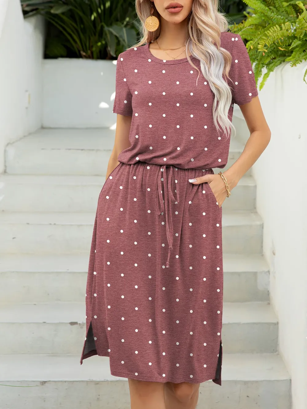 Round Neck Short Sleeve Slit Dress with Pockets, image 19