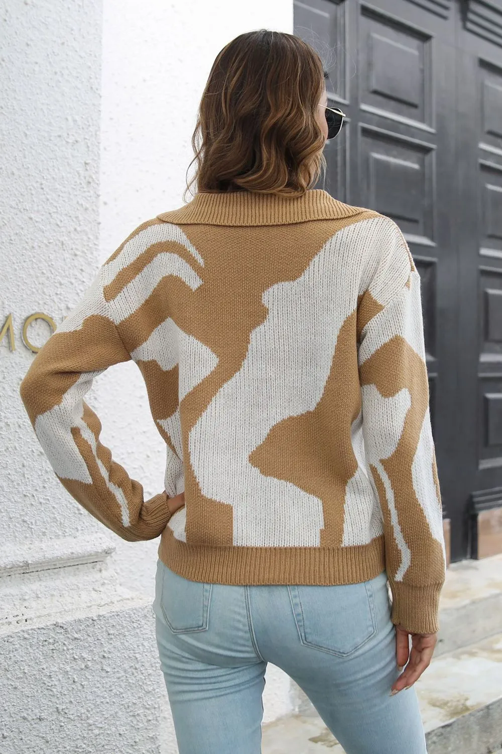 Two-Tone Johnny Collar Dropped Shoulder Pullover Sweater, image 3