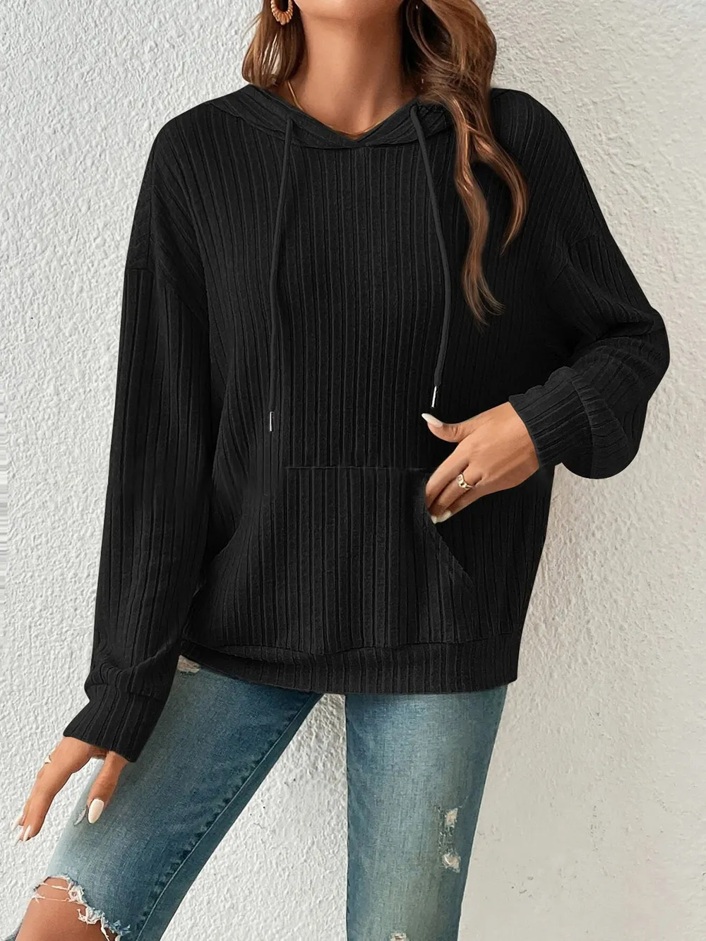 Ribbed Dropped Shoulder Drawstring Hoodie, image 16