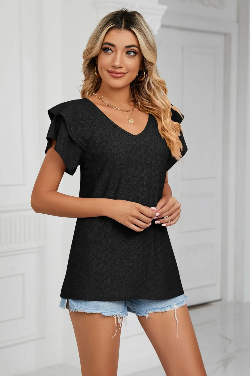 Eyelet Layered Flutter Sleeve V-Neck Knit Top, image 15
