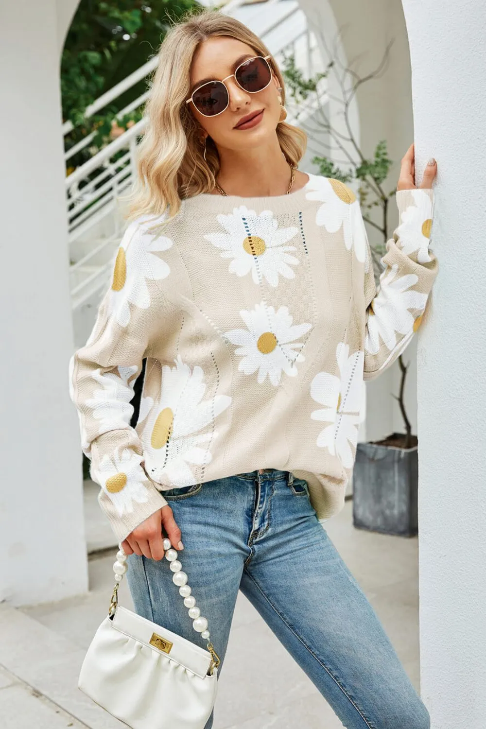 Daisy Print Openwork Round Neck Sweater, image 7