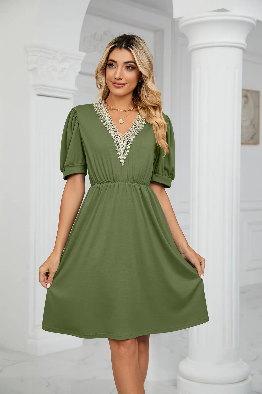 Contrast V-Neck Puff Sleeve Pocket Dress, image 22