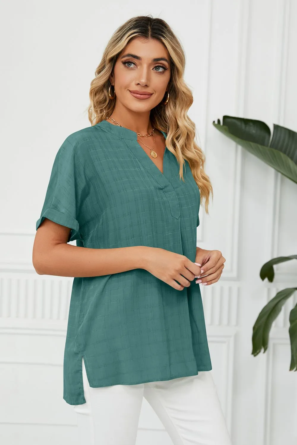 Side Slit Notched Neck Cuffed Short Sleeve Blouse, image 6