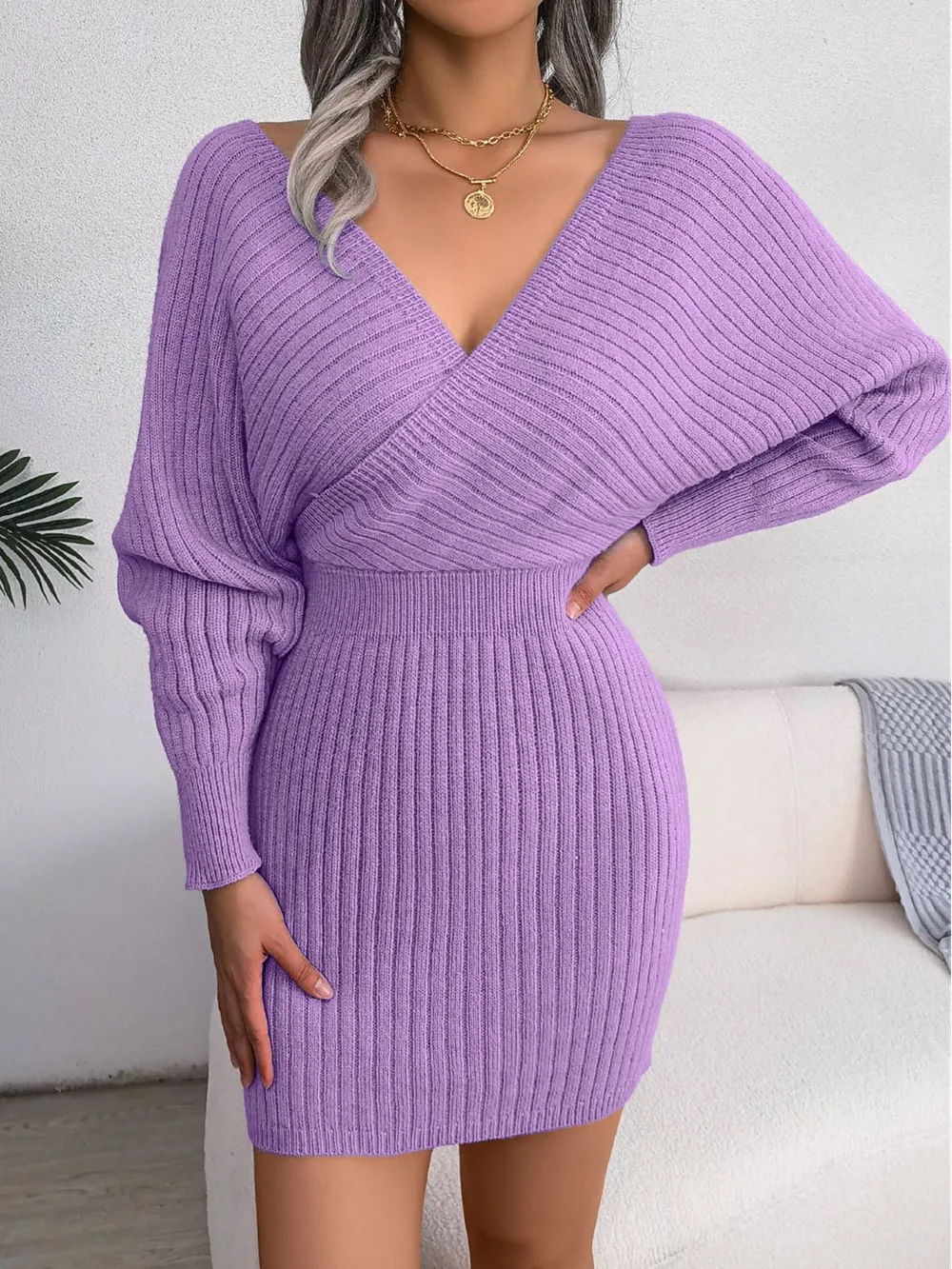 Rib-Knit Dolman Sleeve Sweater Dress, image 6