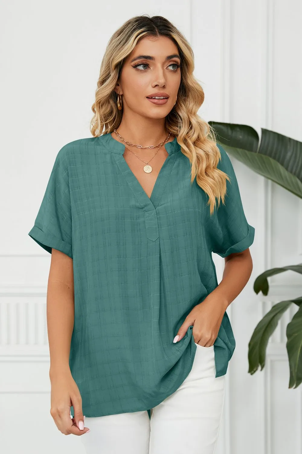 Side Slit Notched Neck Cuffed Short Sleeve Blouse, image 5