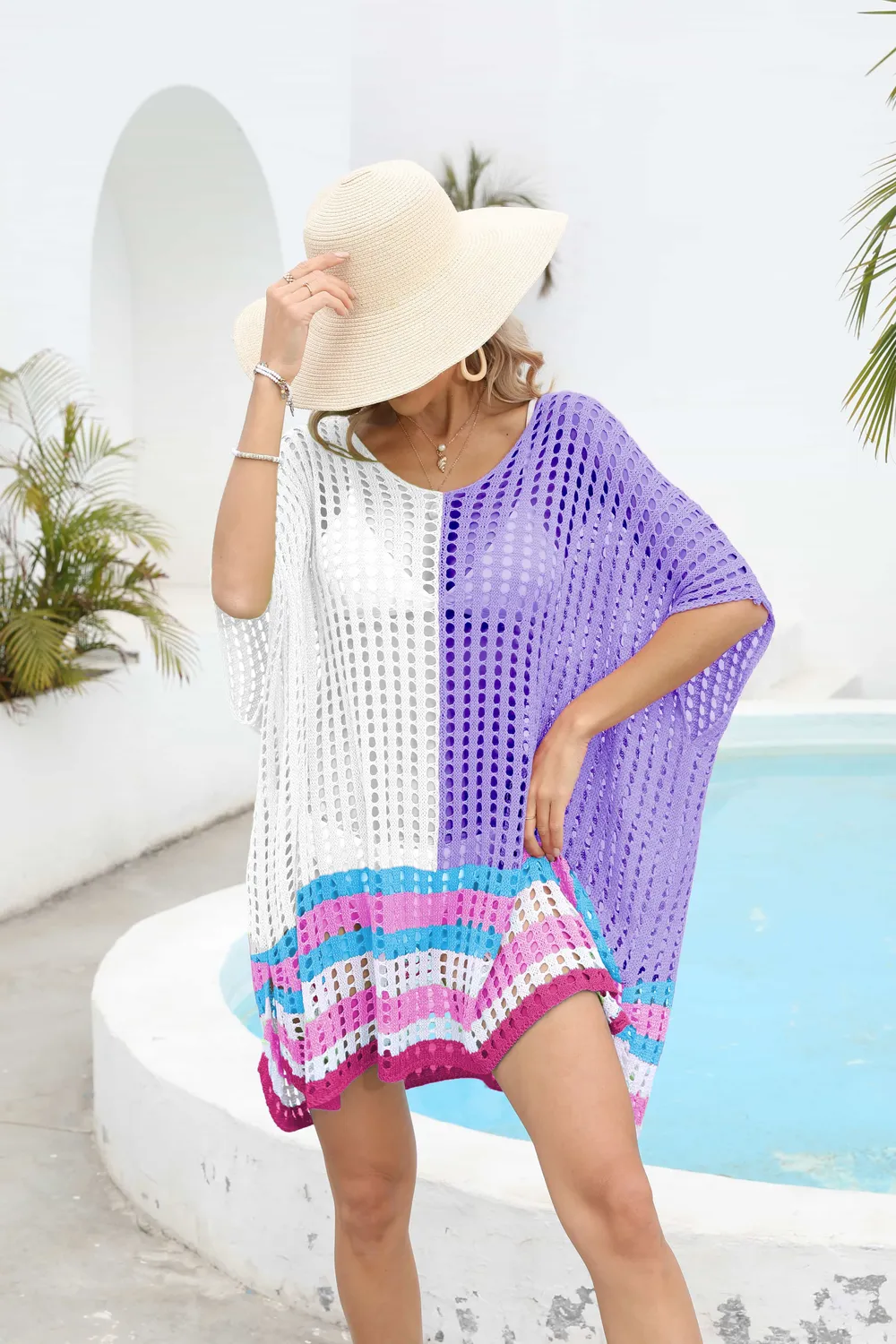 Contrast Scoop Neck Openwork Half Sleeve Cover Up, image 6