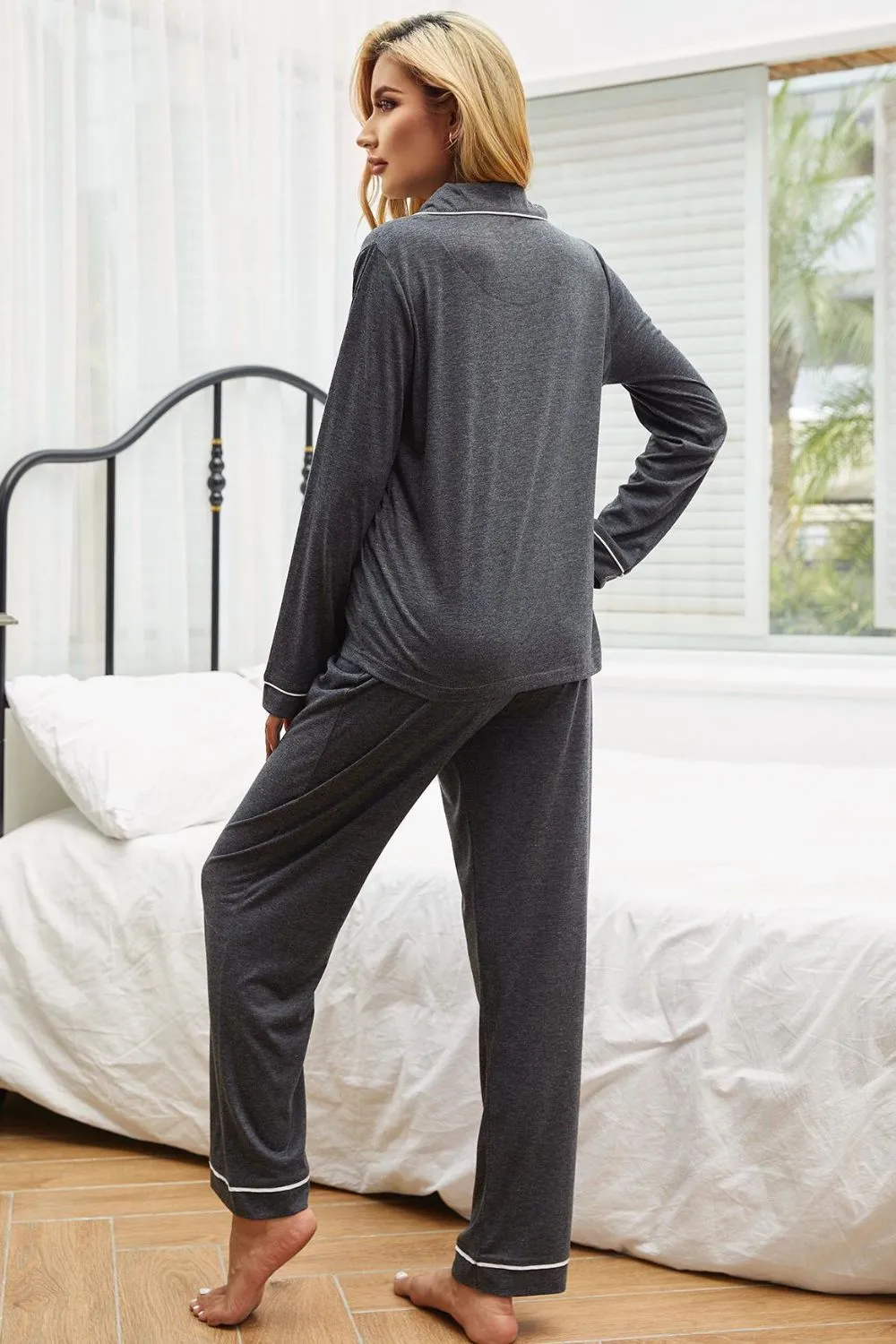 Contrast Piping Button Down Top and Pants Loungewear Set, image 6