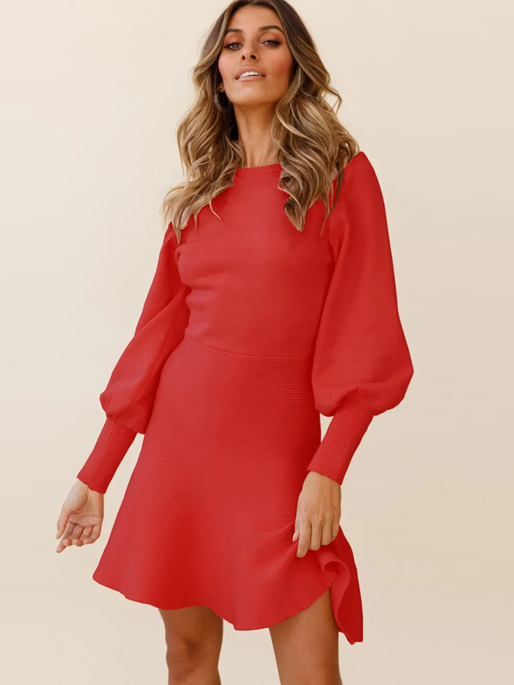 Round Neck Lantern Sleeve Sweater Dress, image 7