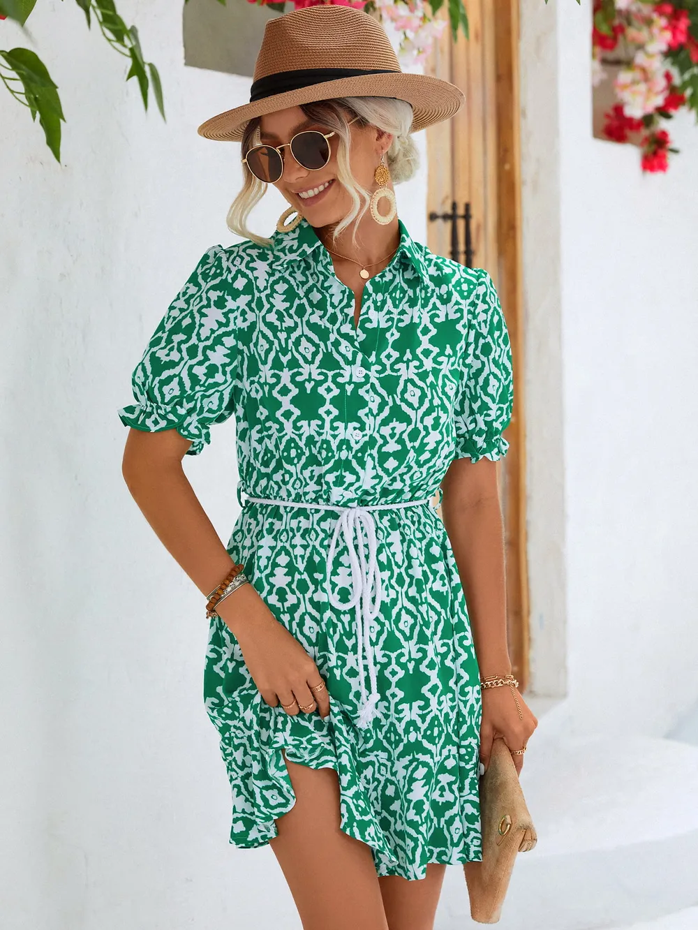 Printed Tie Waist Collared Flounce Sleeve Dress, image 5