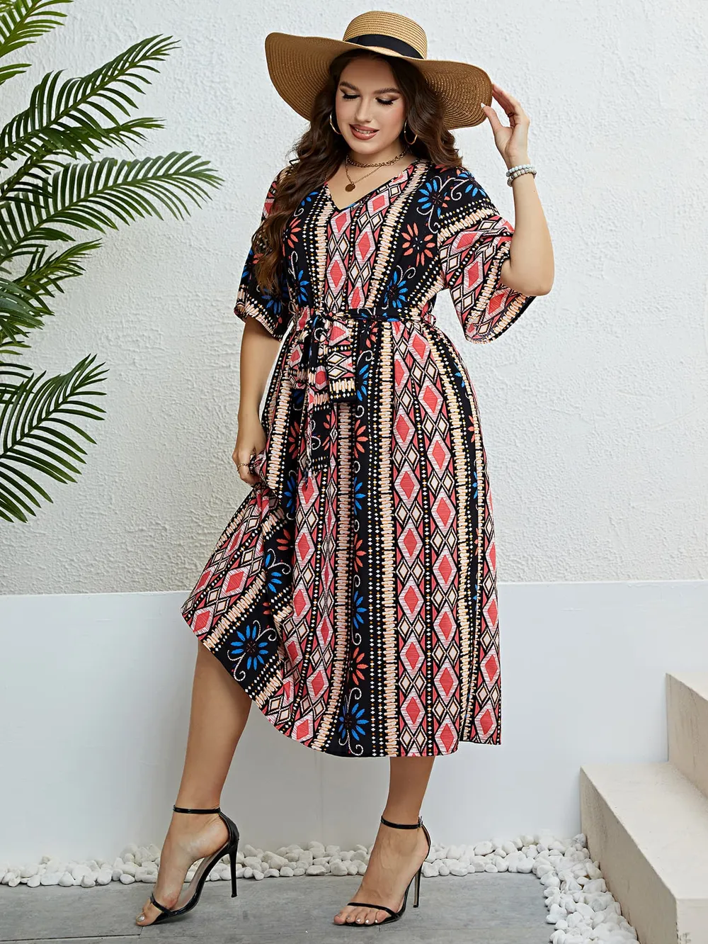 Plus Size Bohemian V-Neck Tie Belt Midi Dress, image 5
