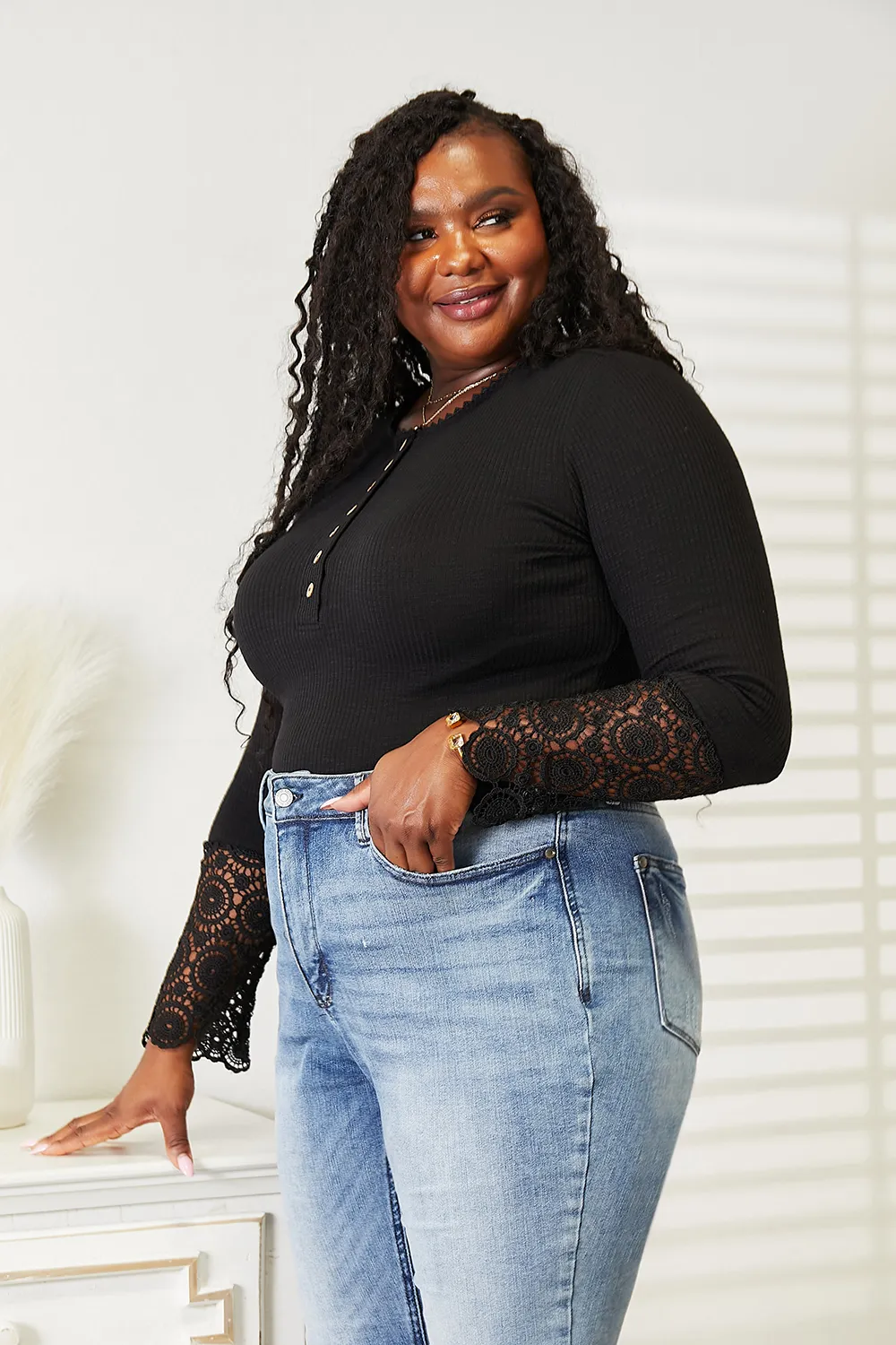Crochet Lace Hem Sleeve Button Top, image 6