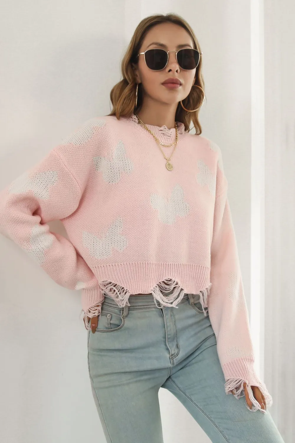 Printed Round Neck Ribbed Long Sleeve Sweater, image 9