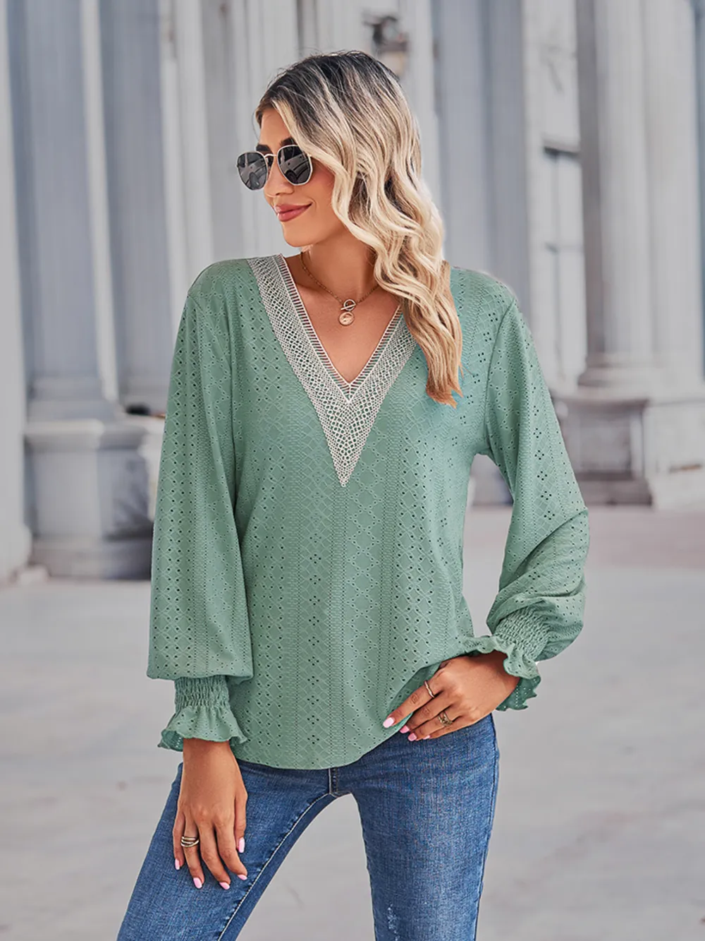 V-Neck Eyelet Flounce Sleeve Blouse, image 10
