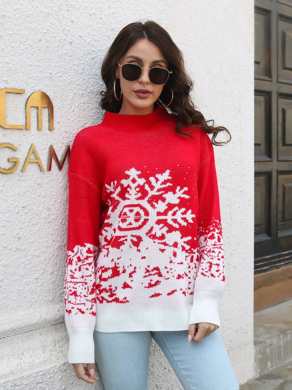 Snowflake Pattern Mock Neck Sweater, image 4