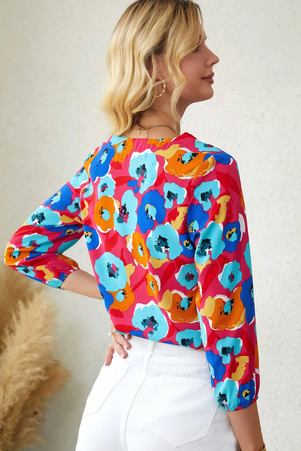 Floral V-Neck Three-Quarter Sleeve Top, image 6