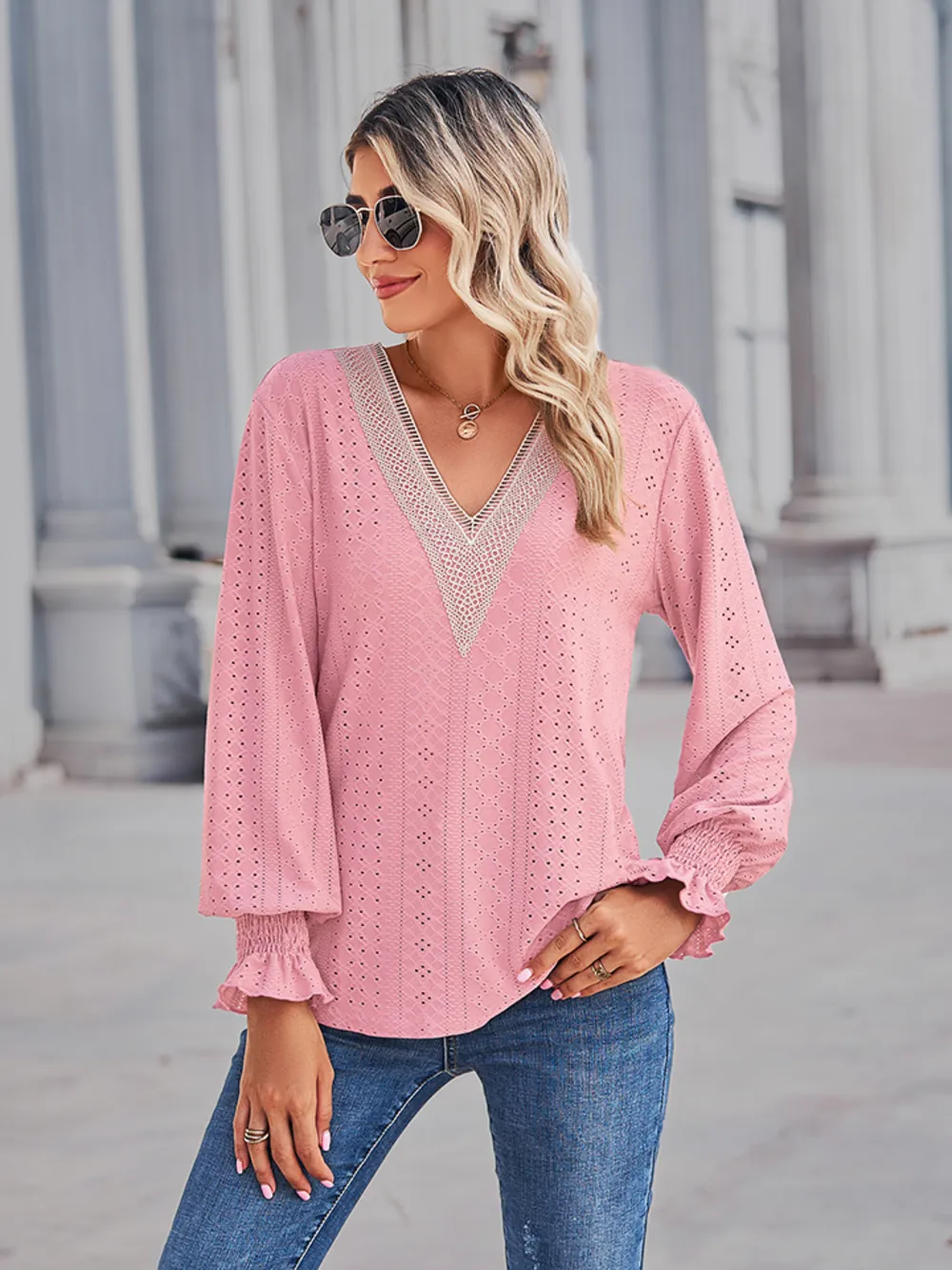V-Neck Eyelet Flounce Sleeve Blouse, image 6