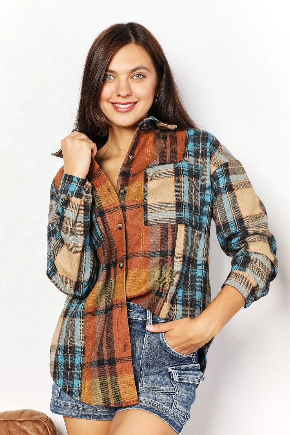 Plaid Curved Hem Shirt Jacket with Breast Pockets, image 15