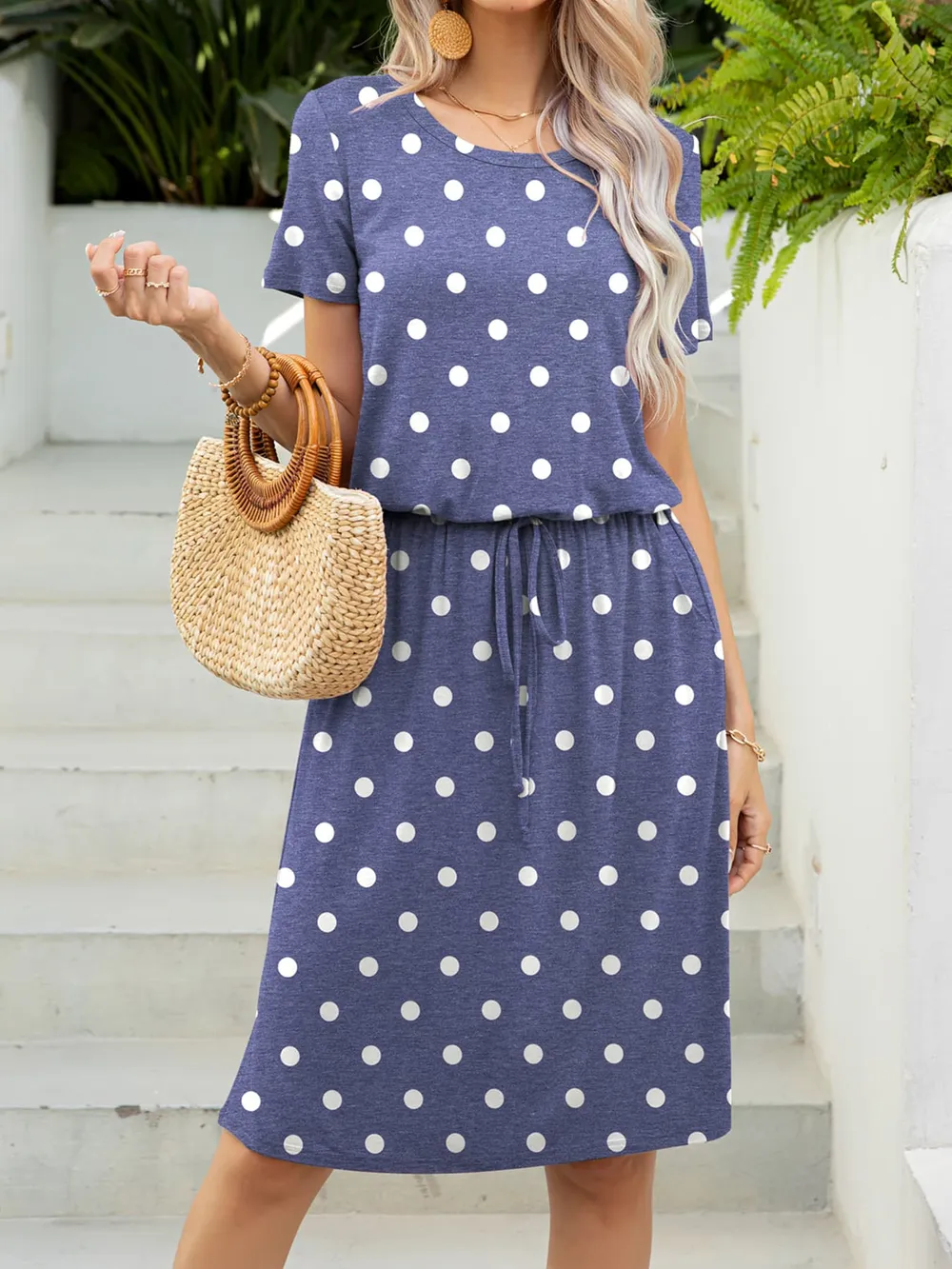 Round Neck Short Sleeve Slit Dress with Pockets, image 20