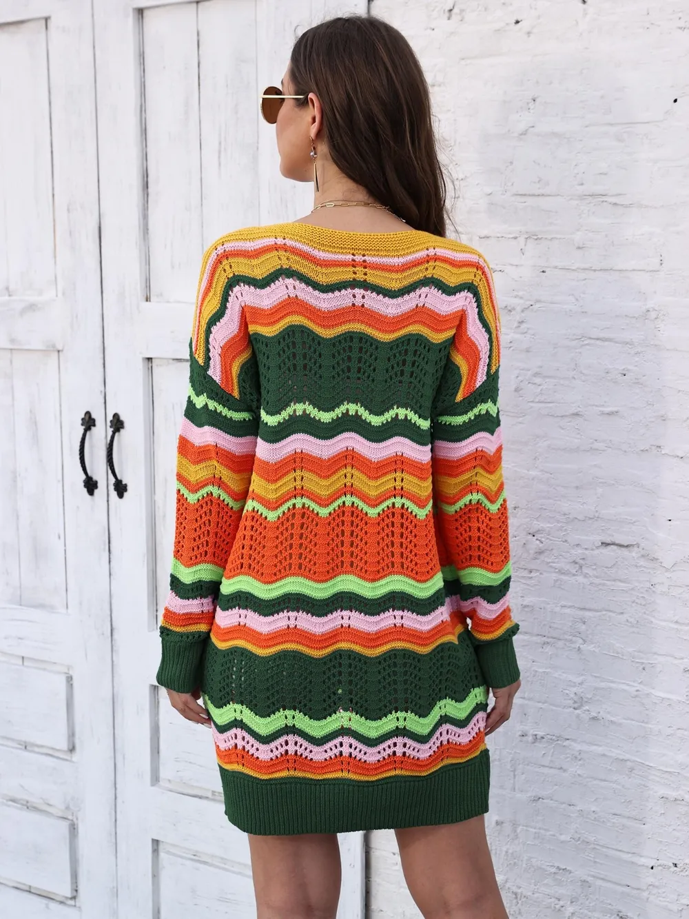 Openwork Round Neck Sweater Dress, image 9