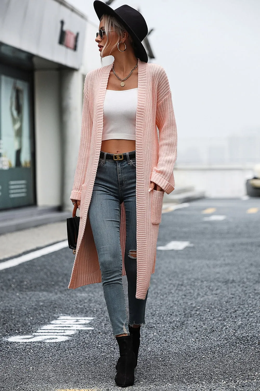 Dropped Shoulder Long Sleeve Cardigan with Pocket, image 15