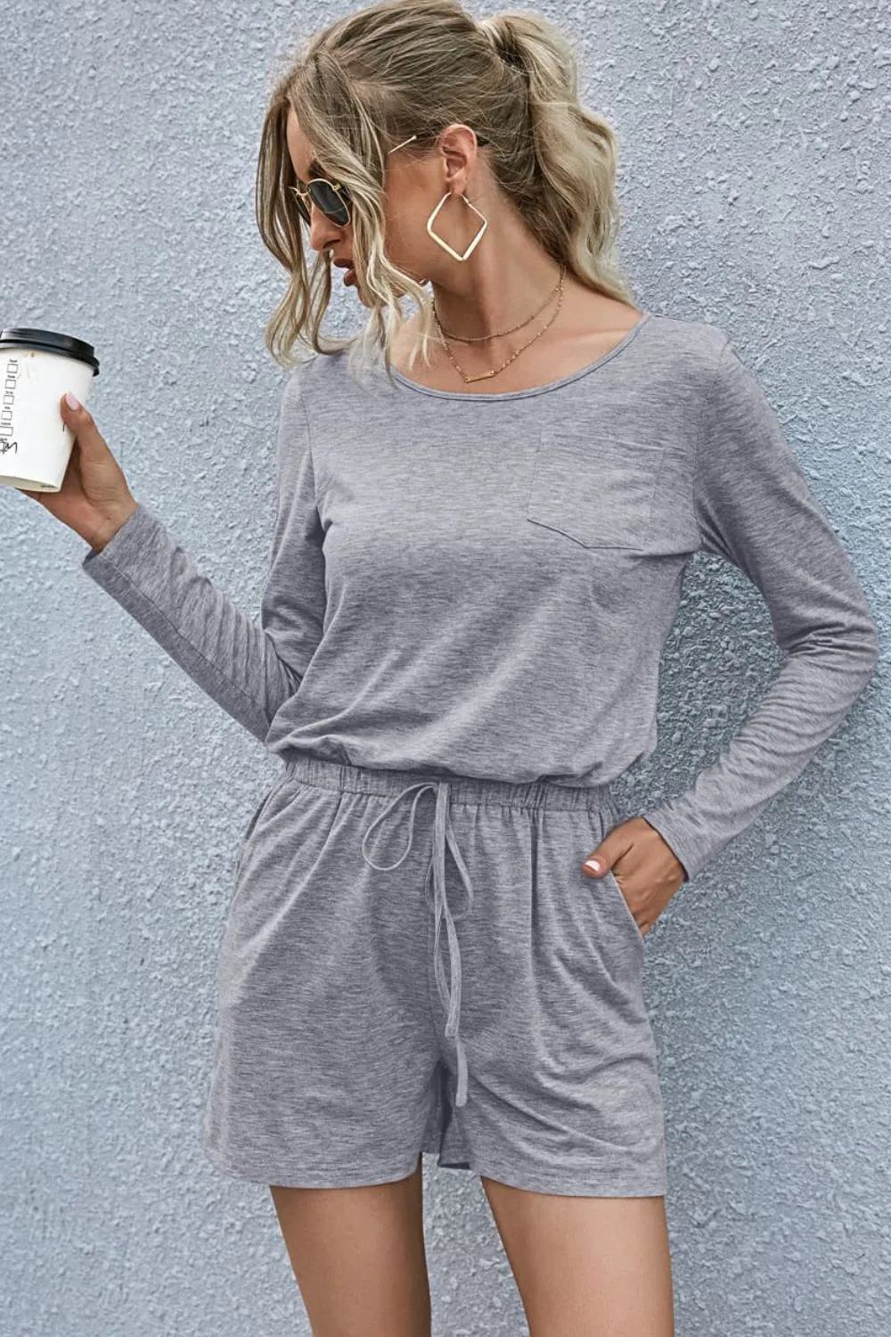 Drawstring Waist Long Sleeve Romper, image 9