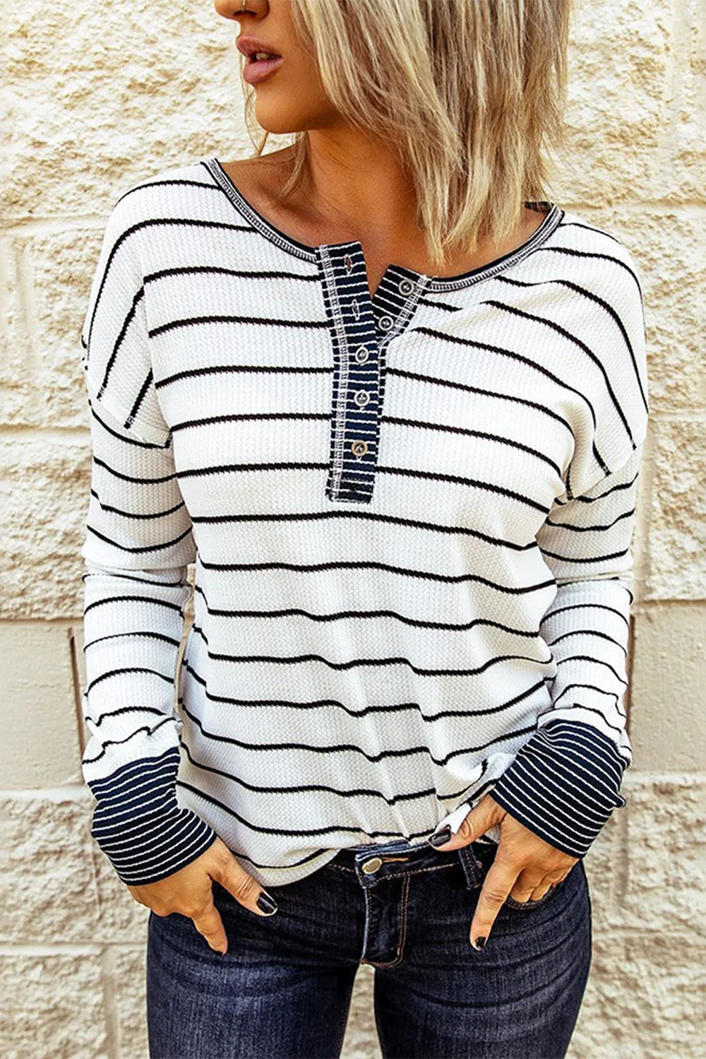 Striped Waffle Knit Henley Long Sleeve Top, image 11