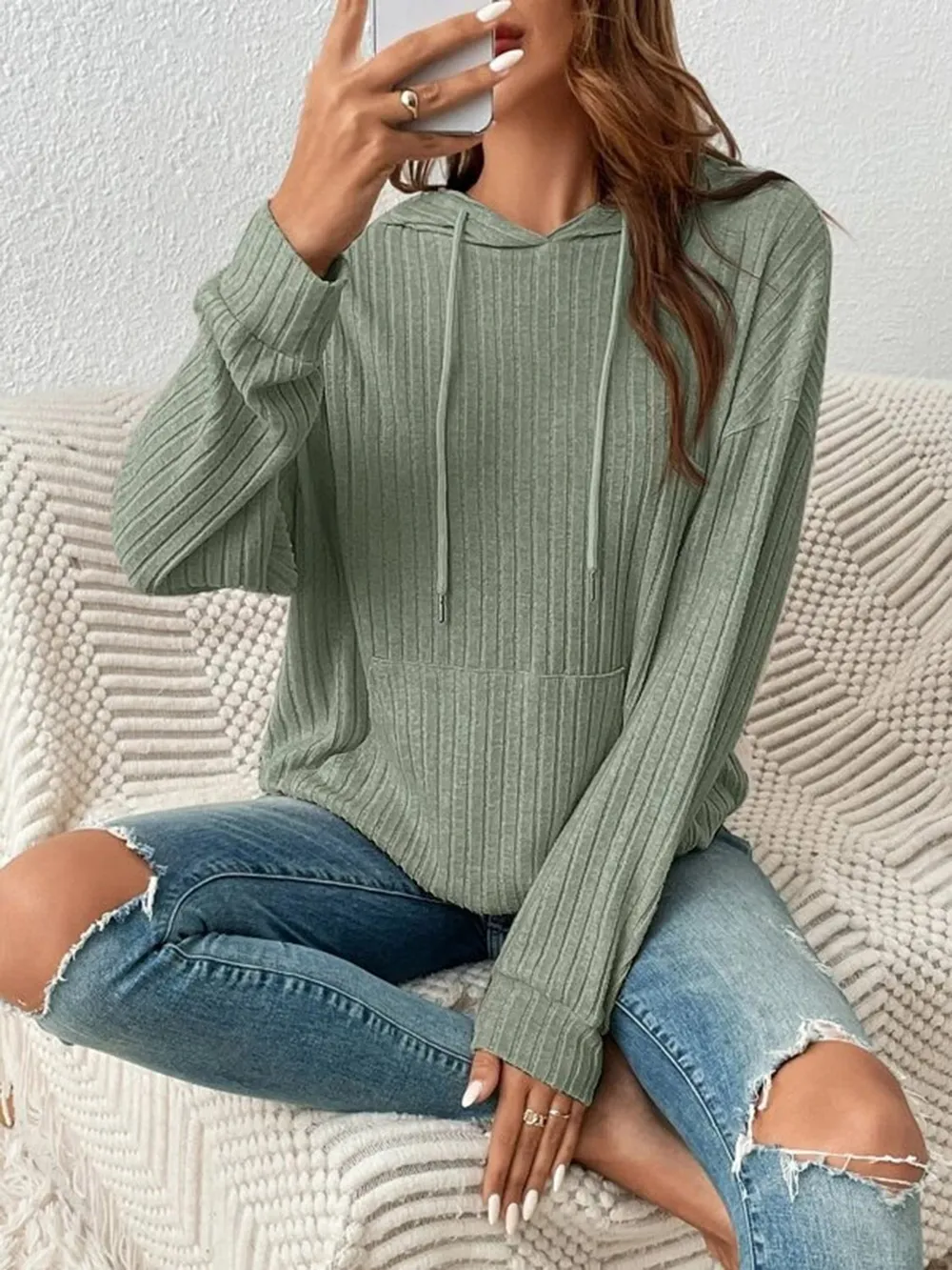 Ribbed Dropped Shoulder Drawstring Hoodie, image 2