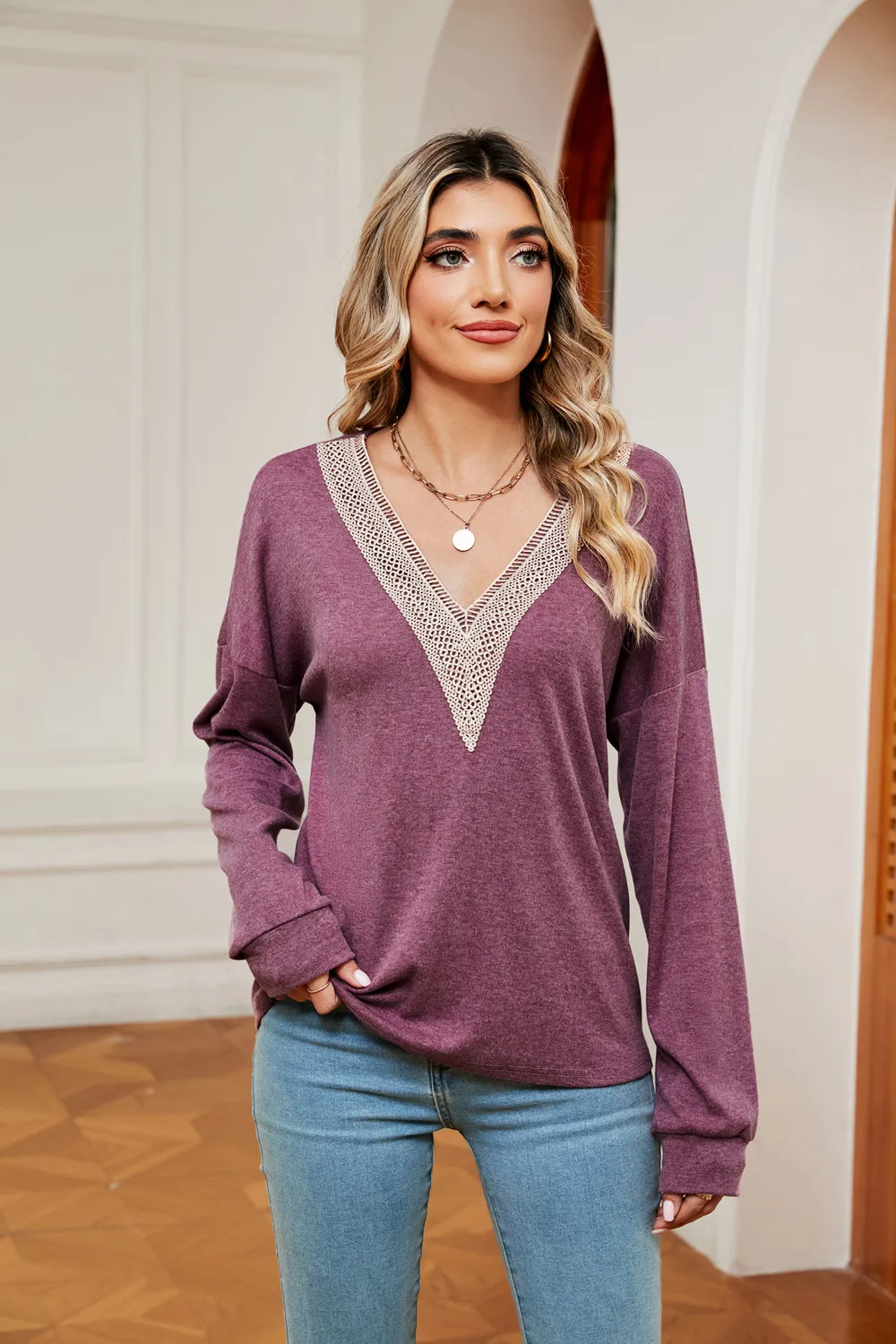 Contrast V-Neck Long Sleeve Blouse, image 4