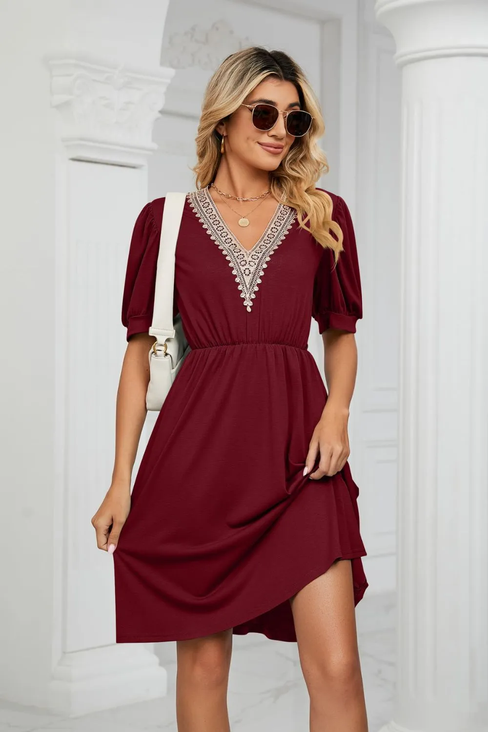 Contrast V-Neck Puff Sleeve Pocket Dress, image 16