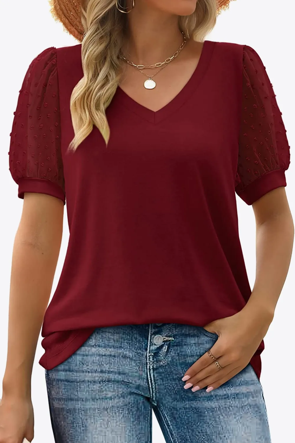 Swiss Dot Puff Sleeve V-Neck Tee, image 31