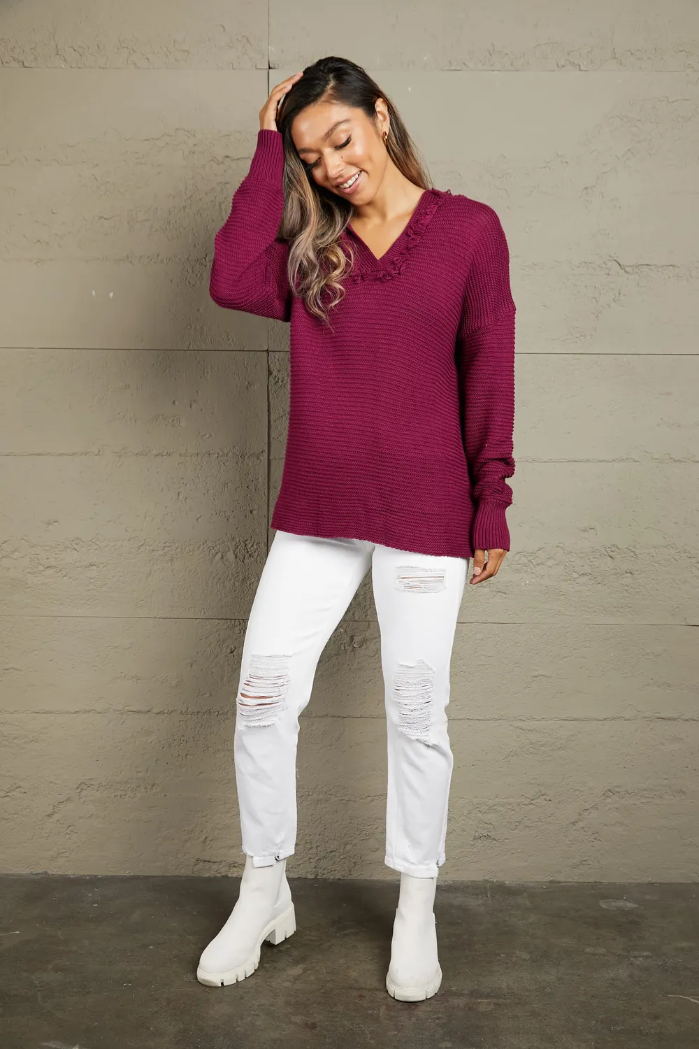 Horizontal Ribbing Fringe Trim Hooded Sweater, image 11
