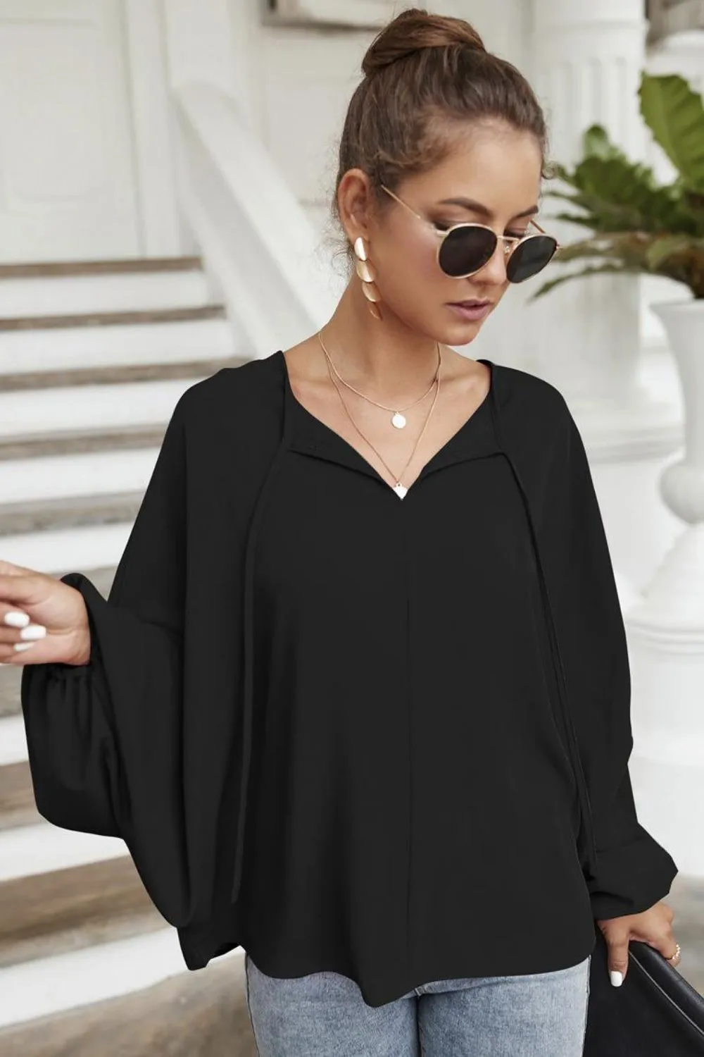Tie Neck Balloon Sleeve Blouse, image 5