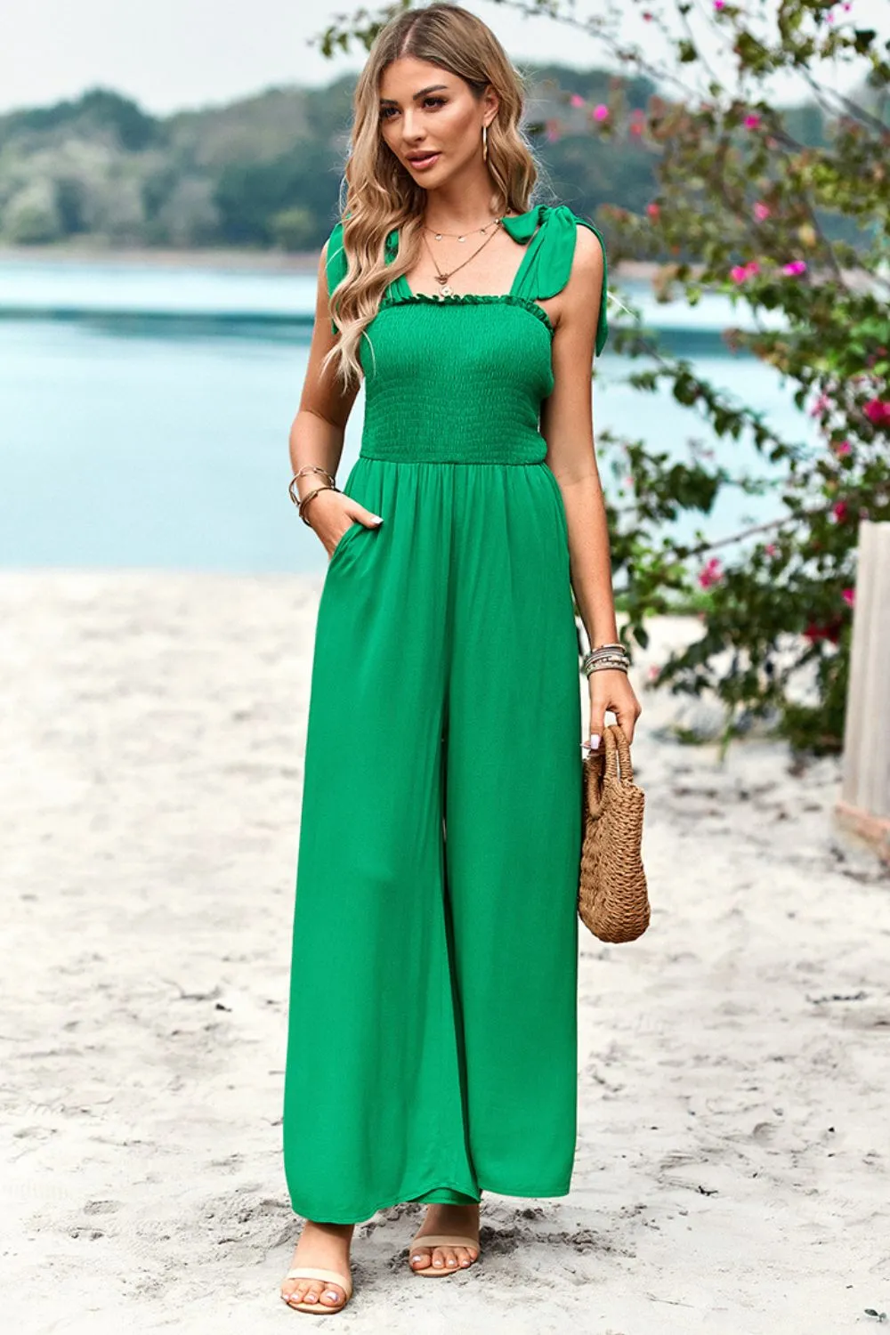 Frill Trim Tie Shoulder Wide Leg Jumpsuit with Pockets, image 2