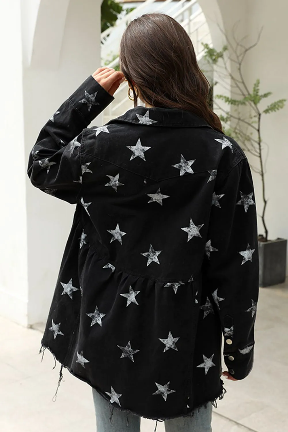 Collared Neck Star Print Long Sleeve Denim Jacket, image 2