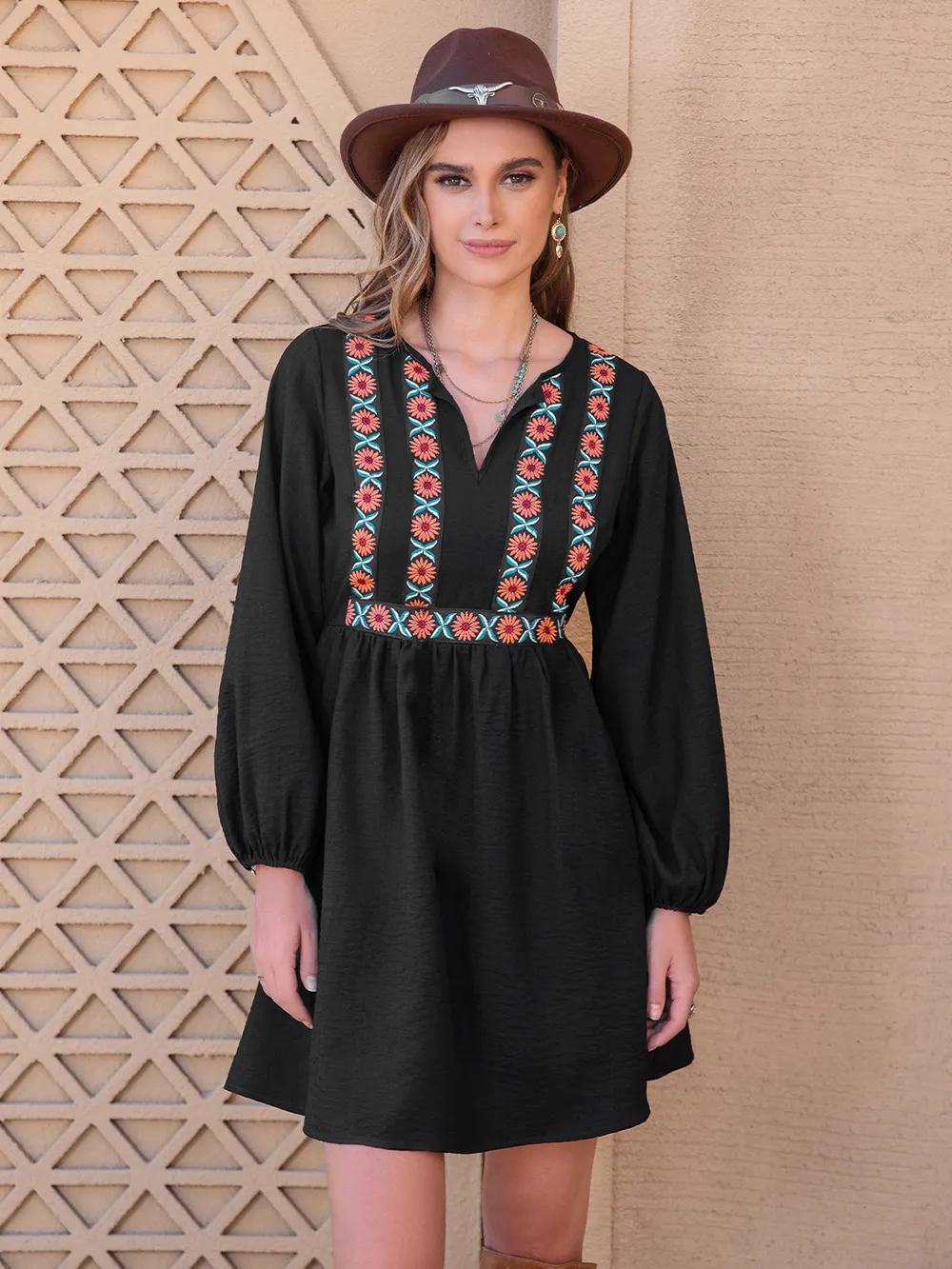 Notched Neck Long Sleeve Printed Mini Dress, image 6