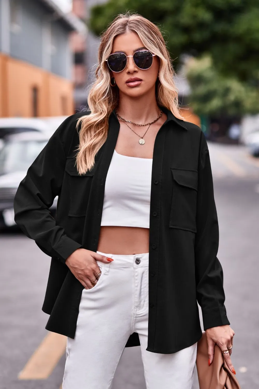 Dropped Shoulder Longline Shirt with Pockets, image 8