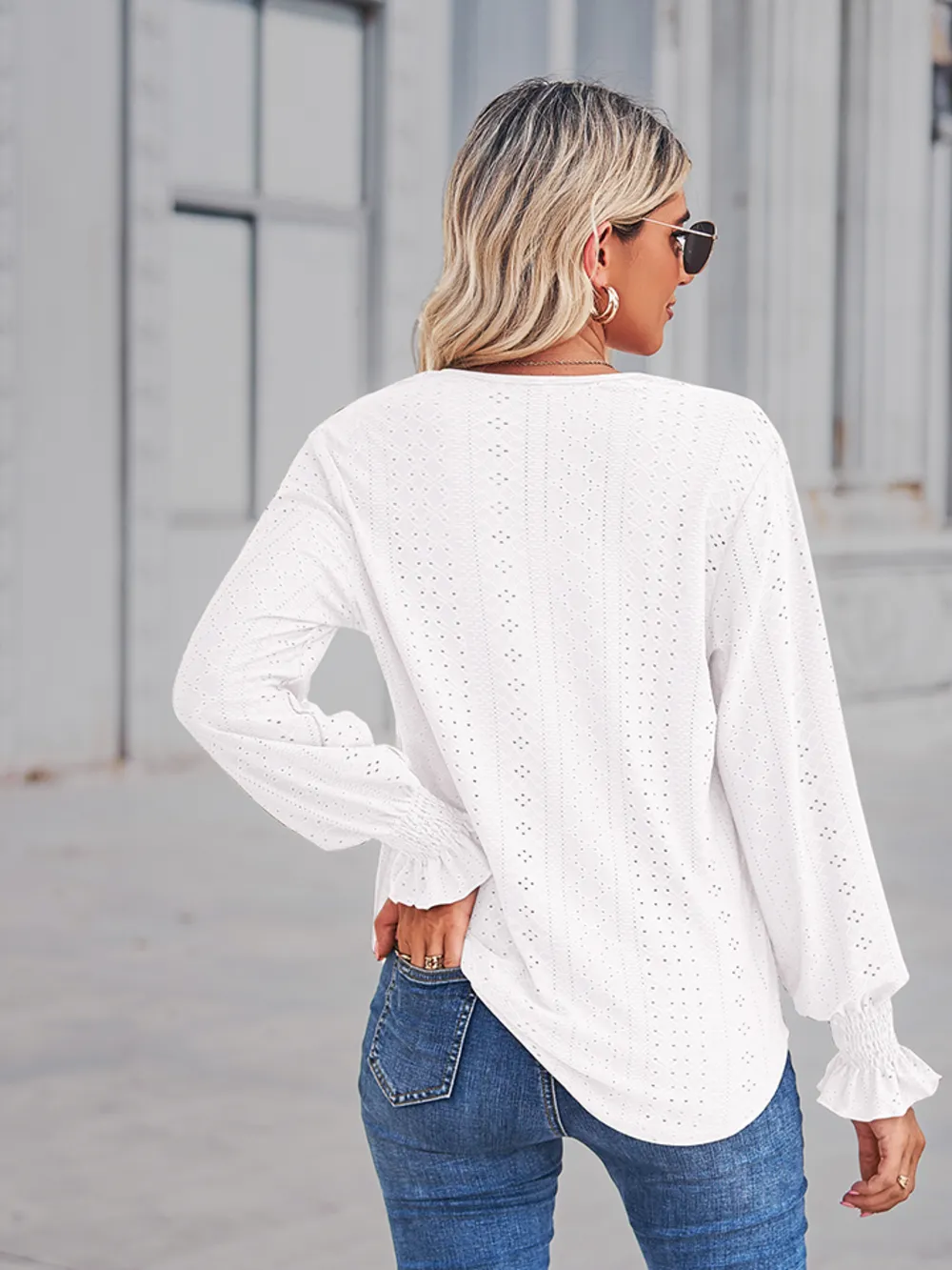 V-Neck Eyelet Flounce Sleeve Blouse, image 7